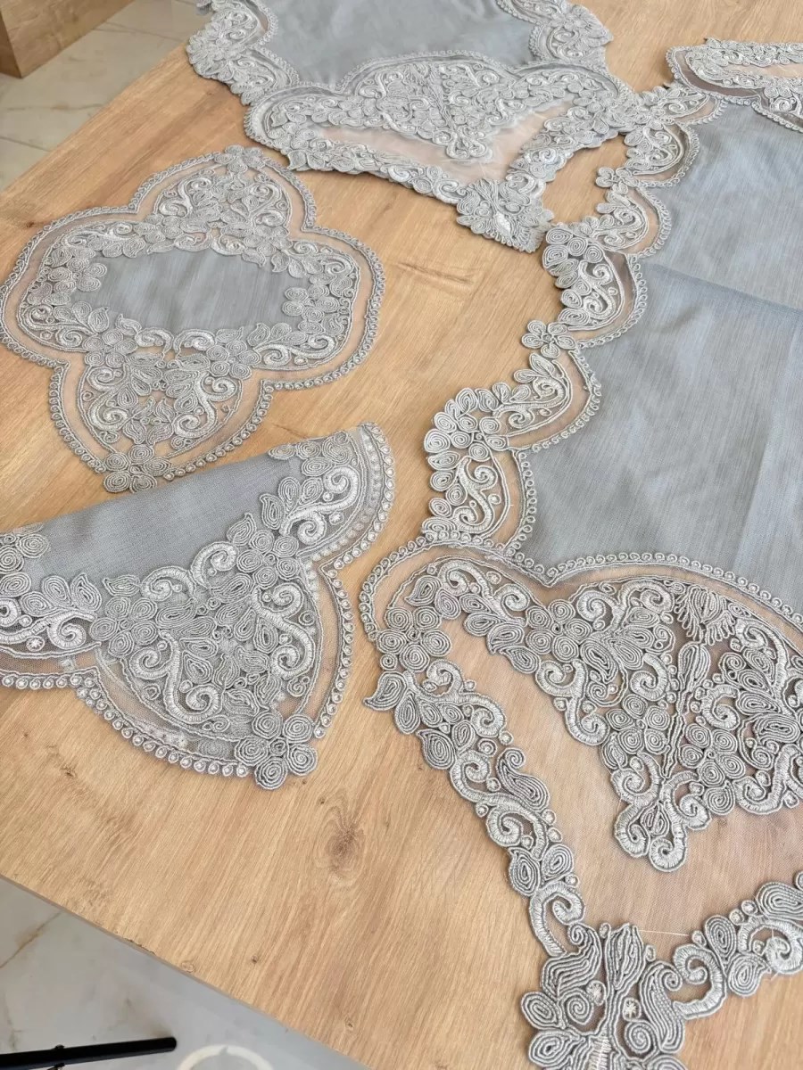 Salon Takımı Çeyizlik Gri Runner Set 5 Parça Keten Masa Örtüsü Runneri Gerdan