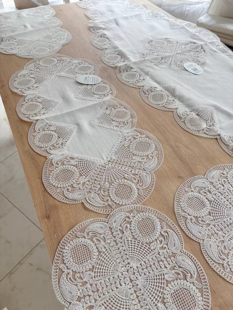 Salon Takımı Çeyizlik Krem Runner Set 5 Parça Keten Ranır Masa Sehpa Konsol Örtüsü Defne