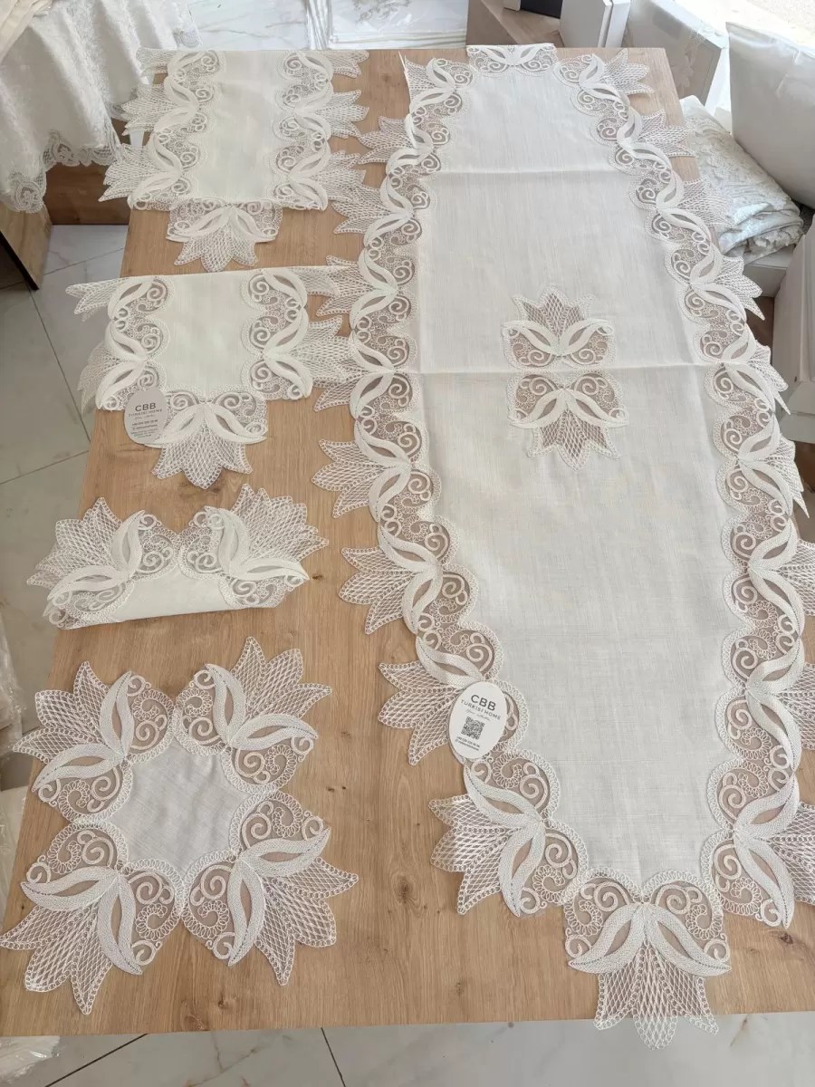 Salon Takımı Çeyizlik Kreme Krem Runner Set 5 Parça Keten Ranır Masa Konsol Sehpa Örtüsü Kayla