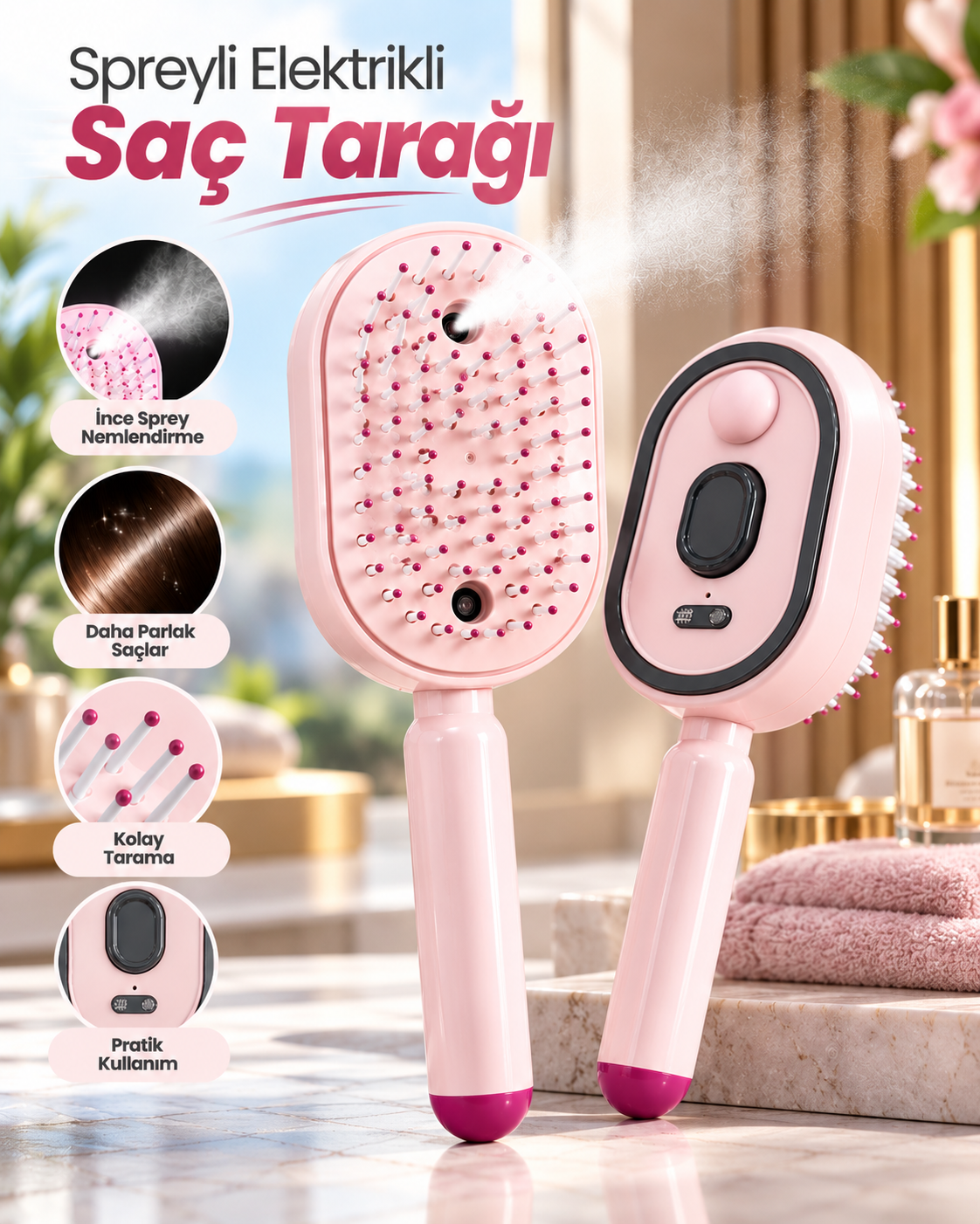 Şarjlı Elektrikli Saç Tarağı Sprey Nemlendirme Özellikli Ergonomik Saç Bakım Fırçası