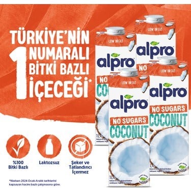 Şekersiz Hindistan Cevizi Sütü 4x1 L Vegan Laktozsuz Besin
