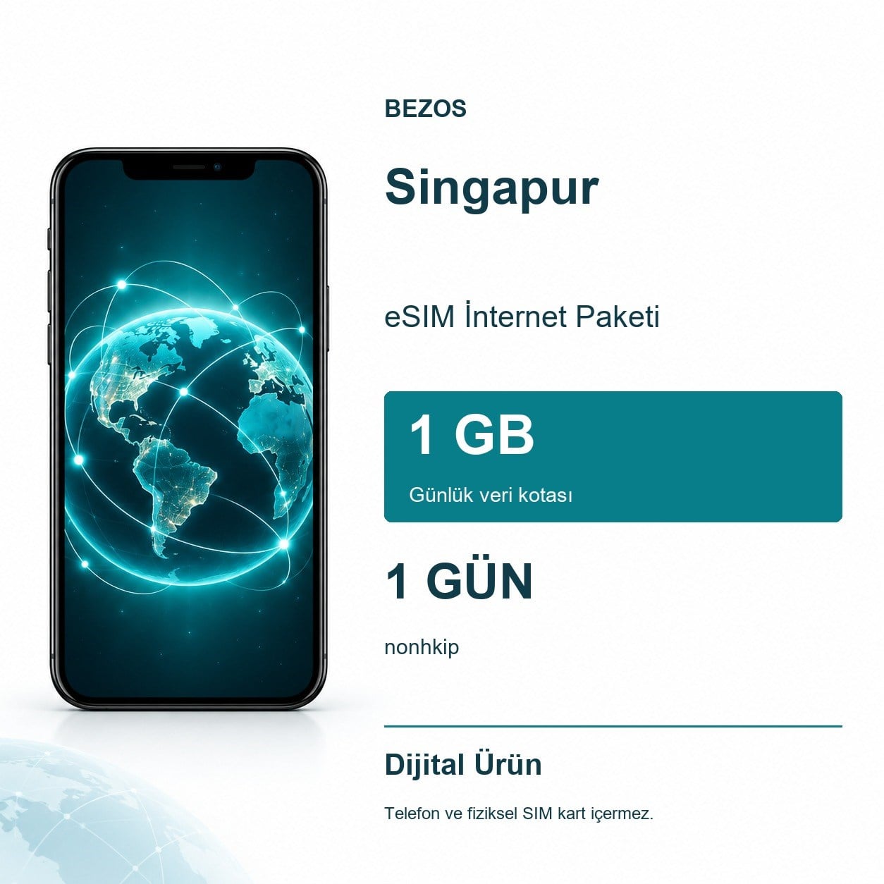 Singapur eSIM İnternet Paketi Günlük 1 GB 1 Gün - nonhkip