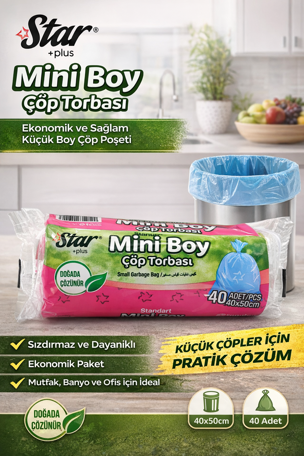 Star Plus Mini Boy Çöp Torbası 40'lı 1 Paket 40x50 cm Dayanıklı Sızdırmaz Küçük Boy Çöp Poşeti