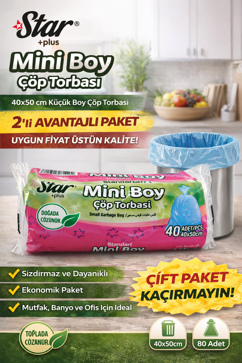 Star Plus Mini Boy Çöp Torbası 40'lı 2 Paket 40x50 cm Dayanıklı Sızdırmaz Küçük Boy Çöp Poşeti