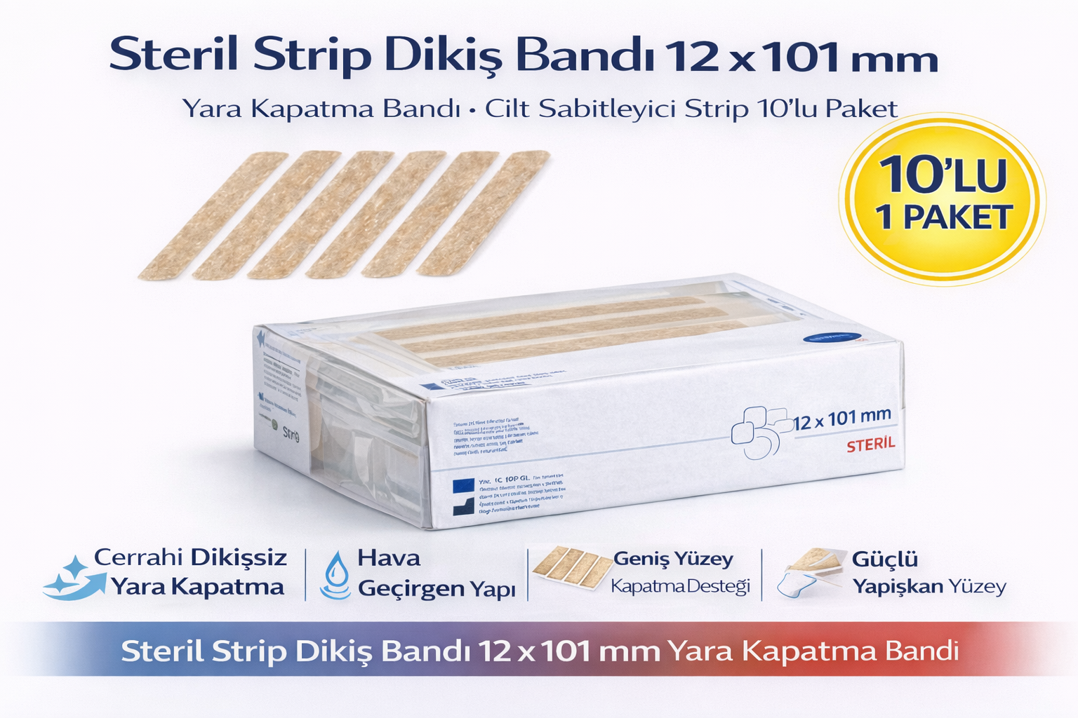 Steril Strip Dikiş Bandı 12 x 100 mm Yara Kapatma Bandı Cilt Sabitleyici Strip 6'lı 1 Paket
