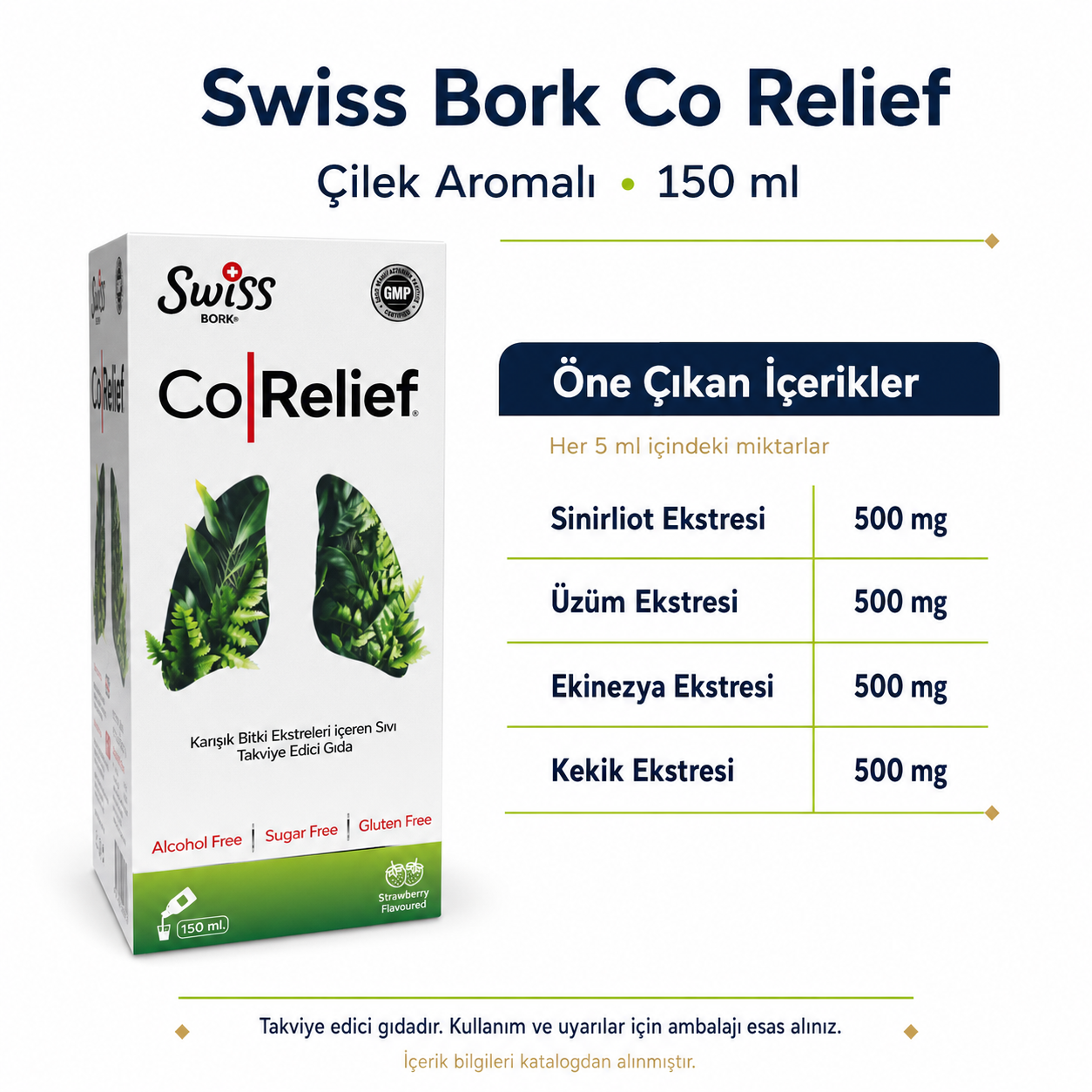 Swiss Bork Co-Relief Çilek Aromalı Bitkisel Sıvı Takviye 150 ml