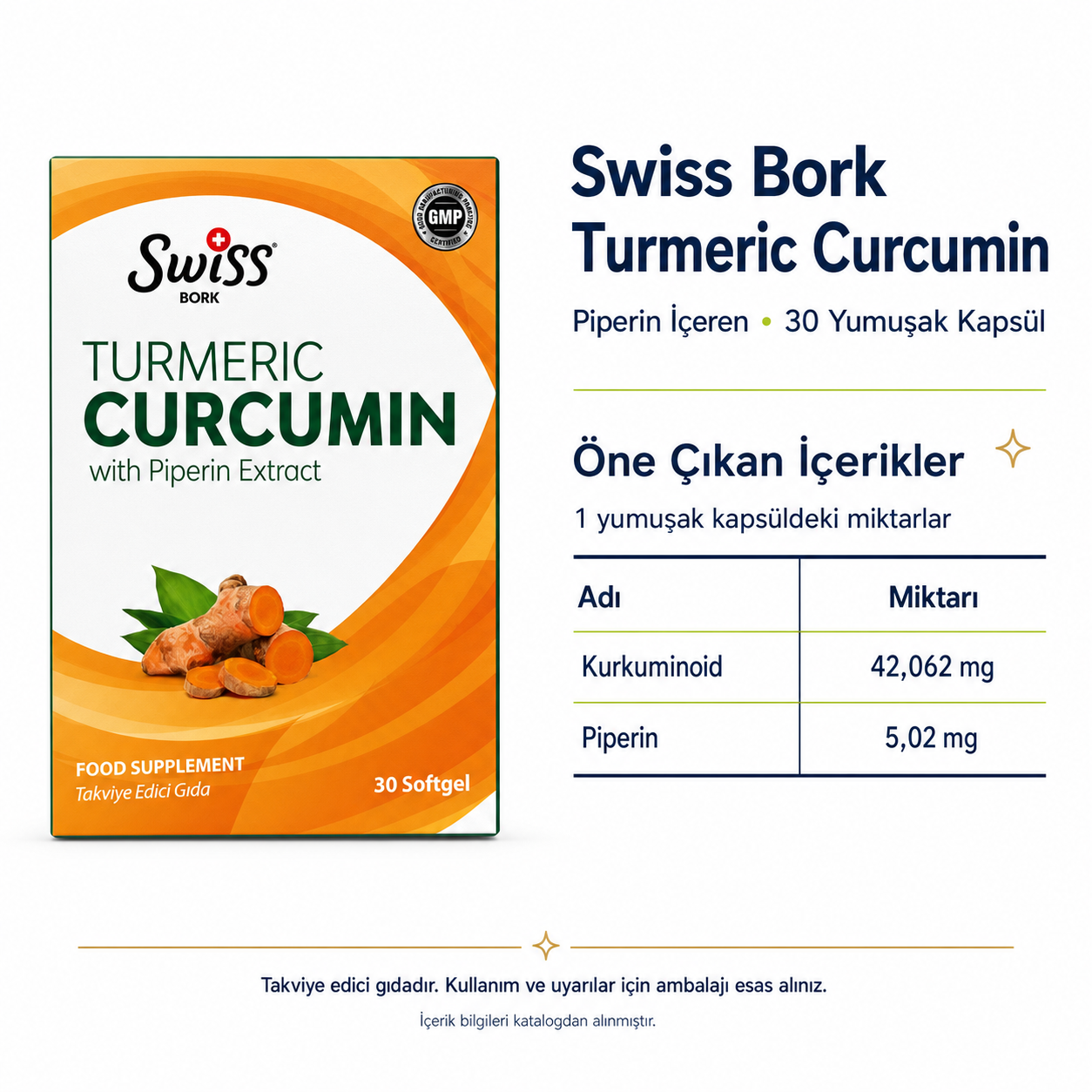 Swiss Bork Turmeric Curcumin ve Piperin 30 Yumuşak Kapsül