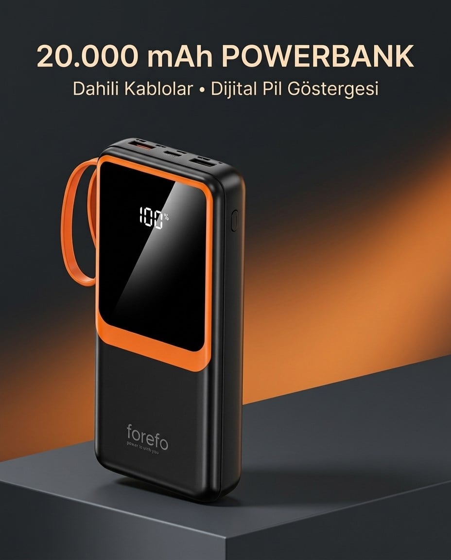 Telefon ve Mobil Cihaz Uyumlu 20000 mAh Powerbank Dahili Kablolu Dijital Göstergeli