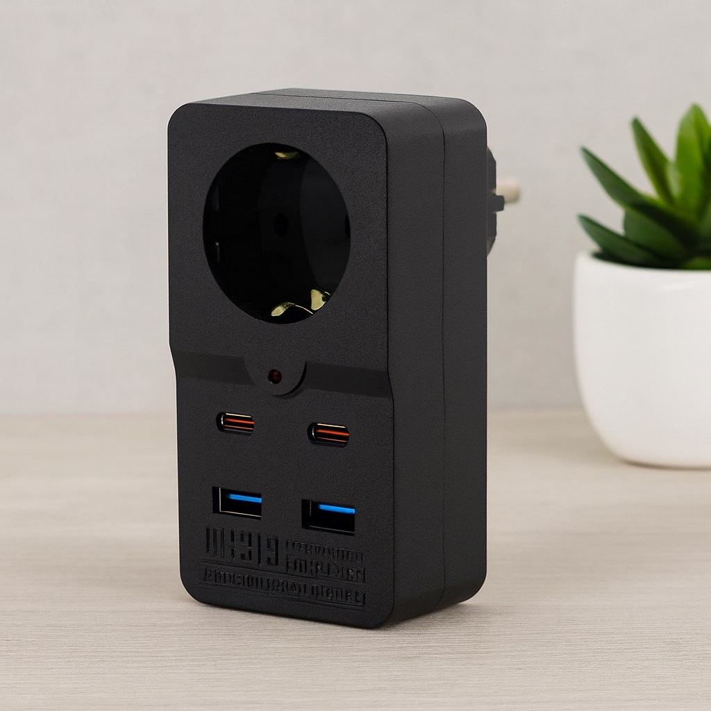 Termal Akım Korumalı Duvar Prizi - 1 Priz, 2xUSB, 2xType-C (10A/2500W) Siyah