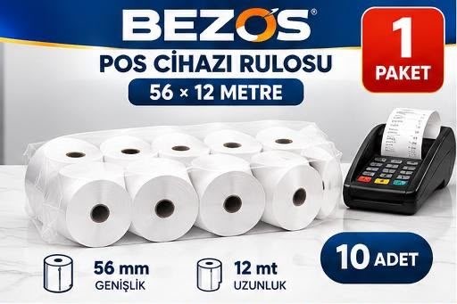 Termal POS Cihazı Rulosu 56 mm x 12 m - 10 Adet (1 Paket) Yazar Kasa Slip Rulosu