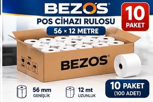 Termal POS Cihazı Rulosu 56 mm x 12 m - 100 Adet (10 Paket) Yazar Kasa Slip Rulosu