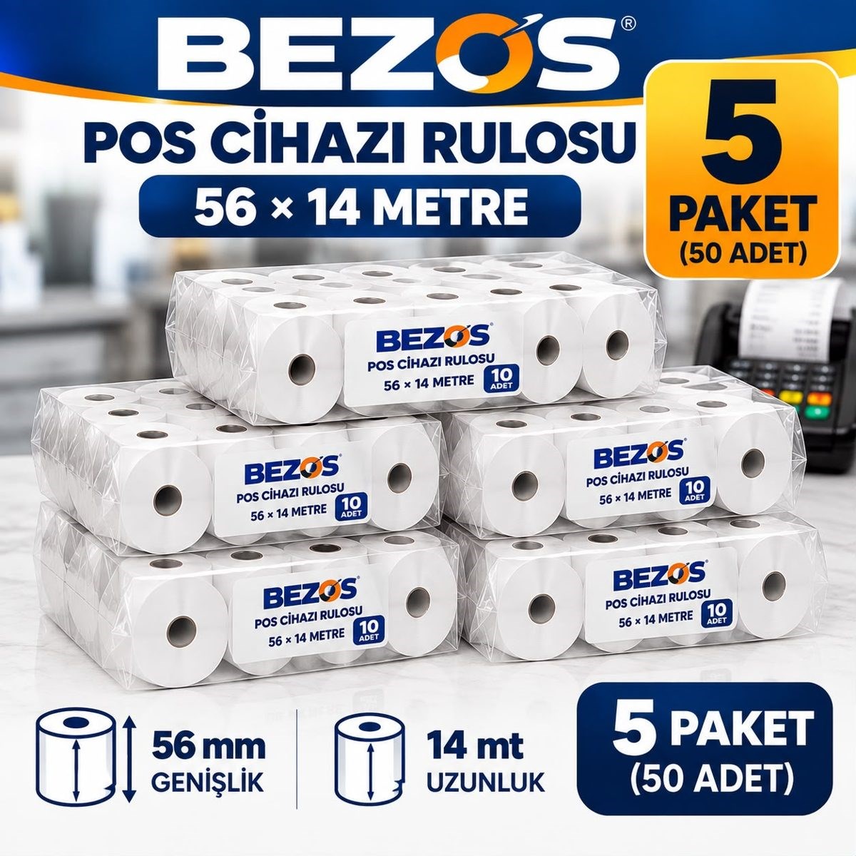 Termal POS Cihazı Rulosu 56 mm x 14 m - 50 Adet (5 Paket) Yazar Kasa Slip Rulosu