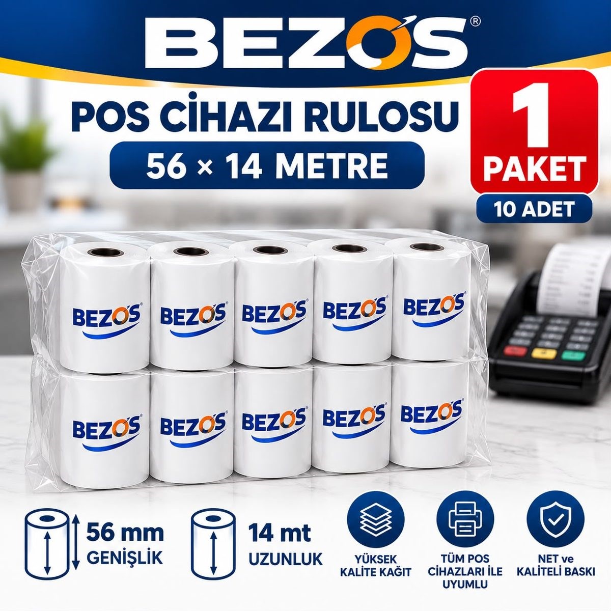 Termal POS Cihazı Rulosu 56 mm x 14 m - 10 Adet (1 Paket) Yazar Kasa Slip Rulosu