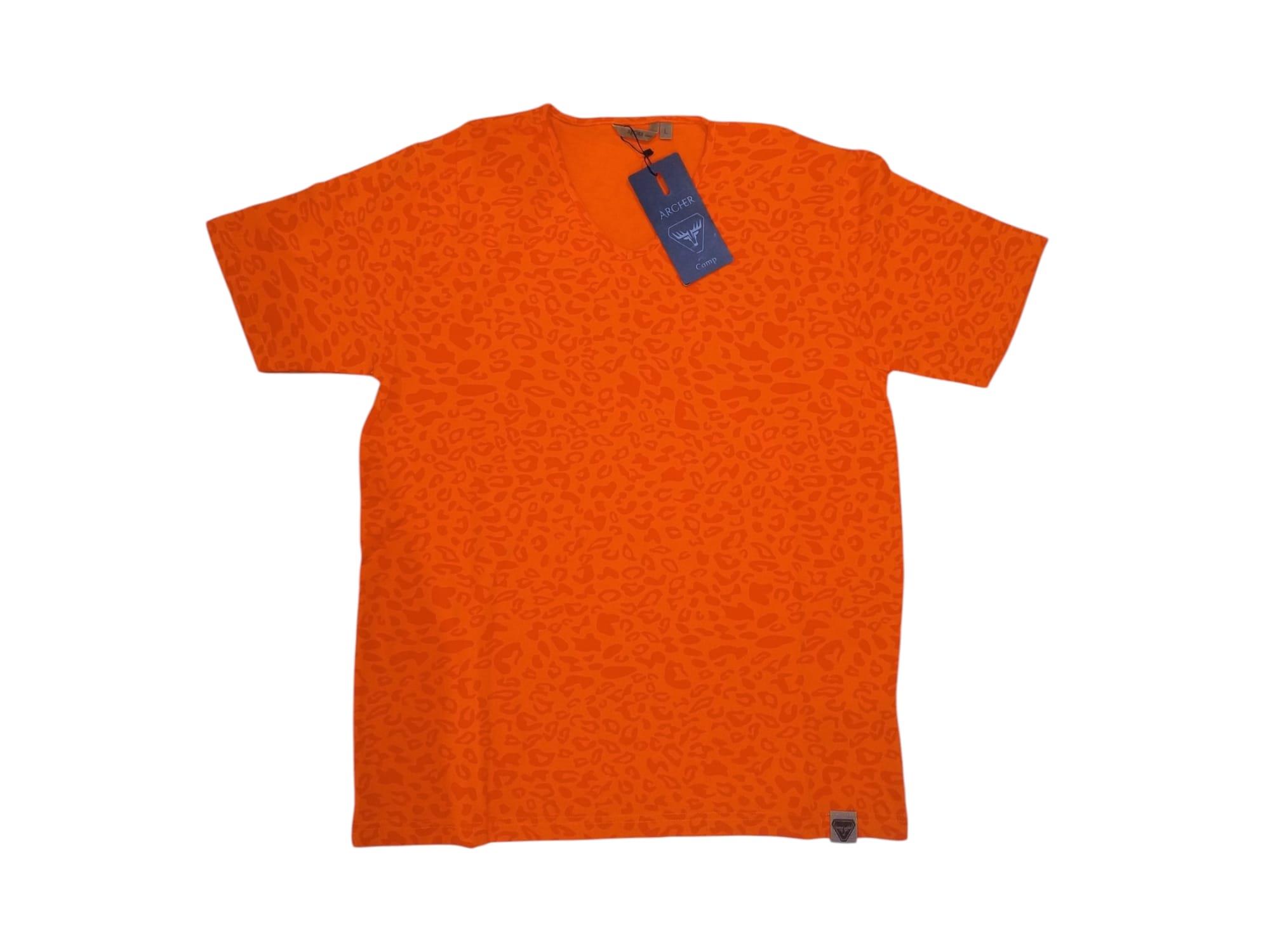 Turuncu Kamuflaj Desenli V Yaka T-Shirt