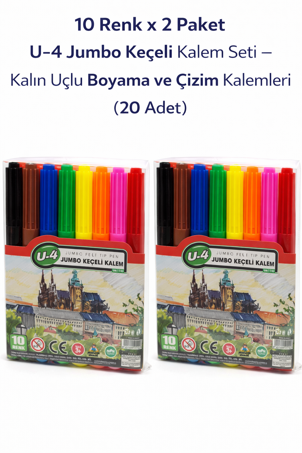 U-4  Keçeli Kalem 10 Renk x 2 Paket – Kalın Uçlu Boyama ve Çizim Kalemi Seti (20 Adet)