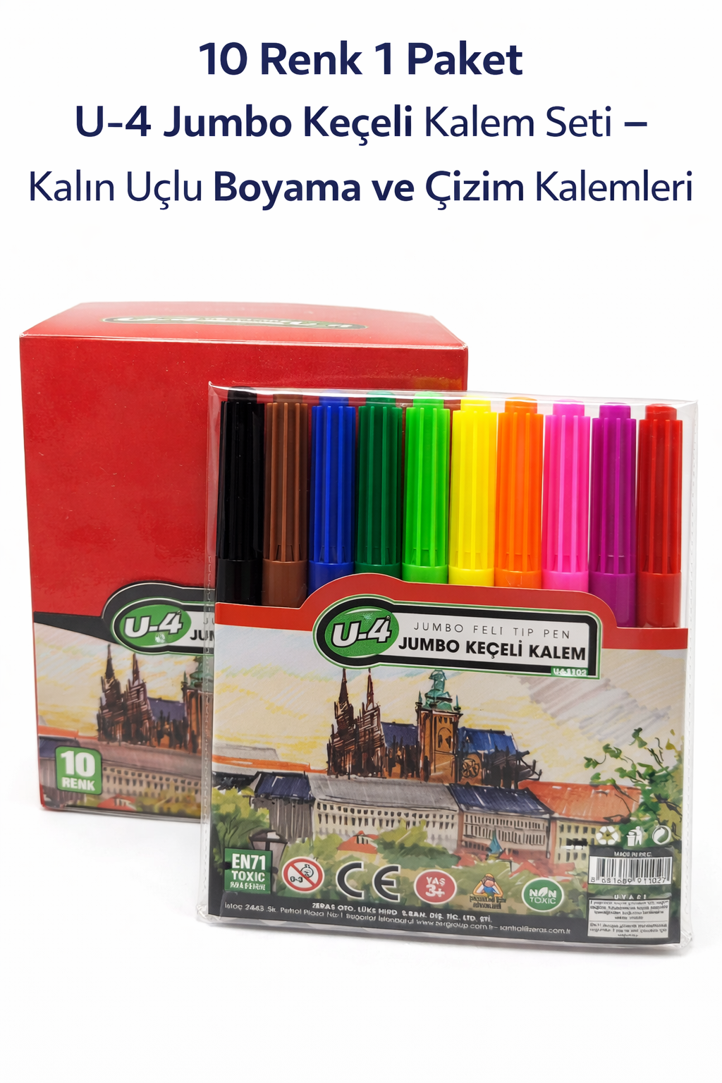 U-4  Keçeli Kalem Seti 10 Renk – Kalın Uçlu Boyama ve Çizim Kalemi Seti (1 Paket)
