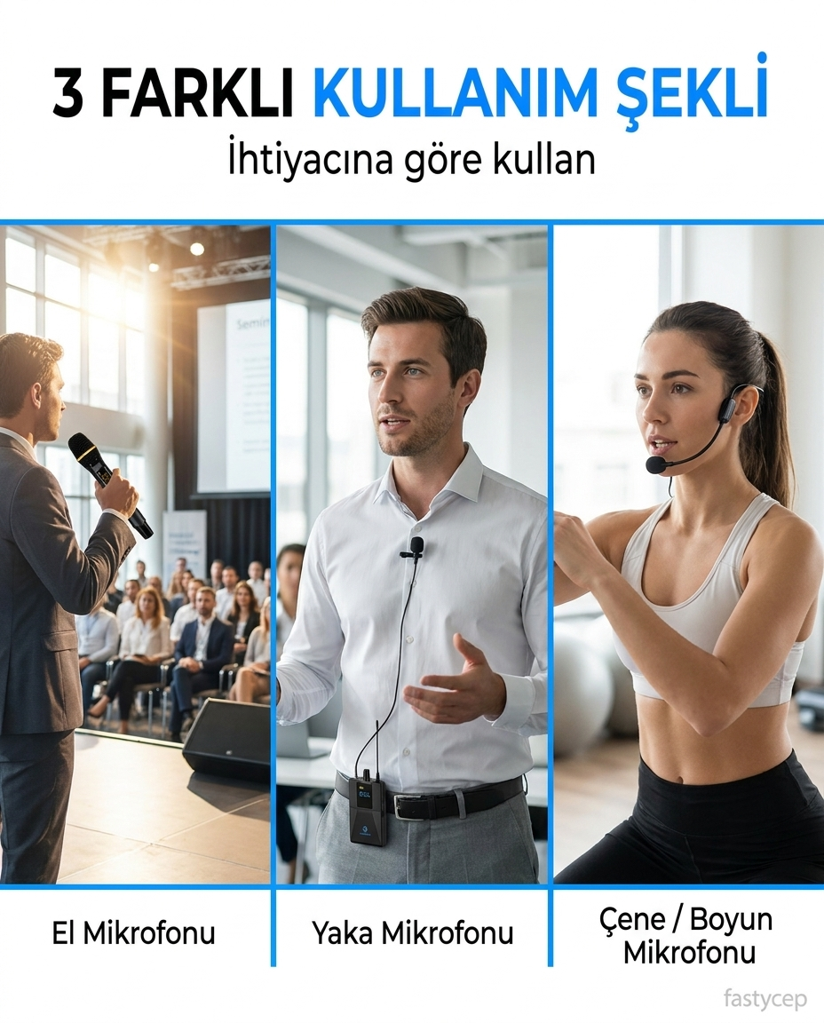 UHF Kablosuz Mikrofon Seti El Yaka ve Boyun Mikrofonlu 6.5mm Alıcılı 3.5mm Çeviricili Profesyonel