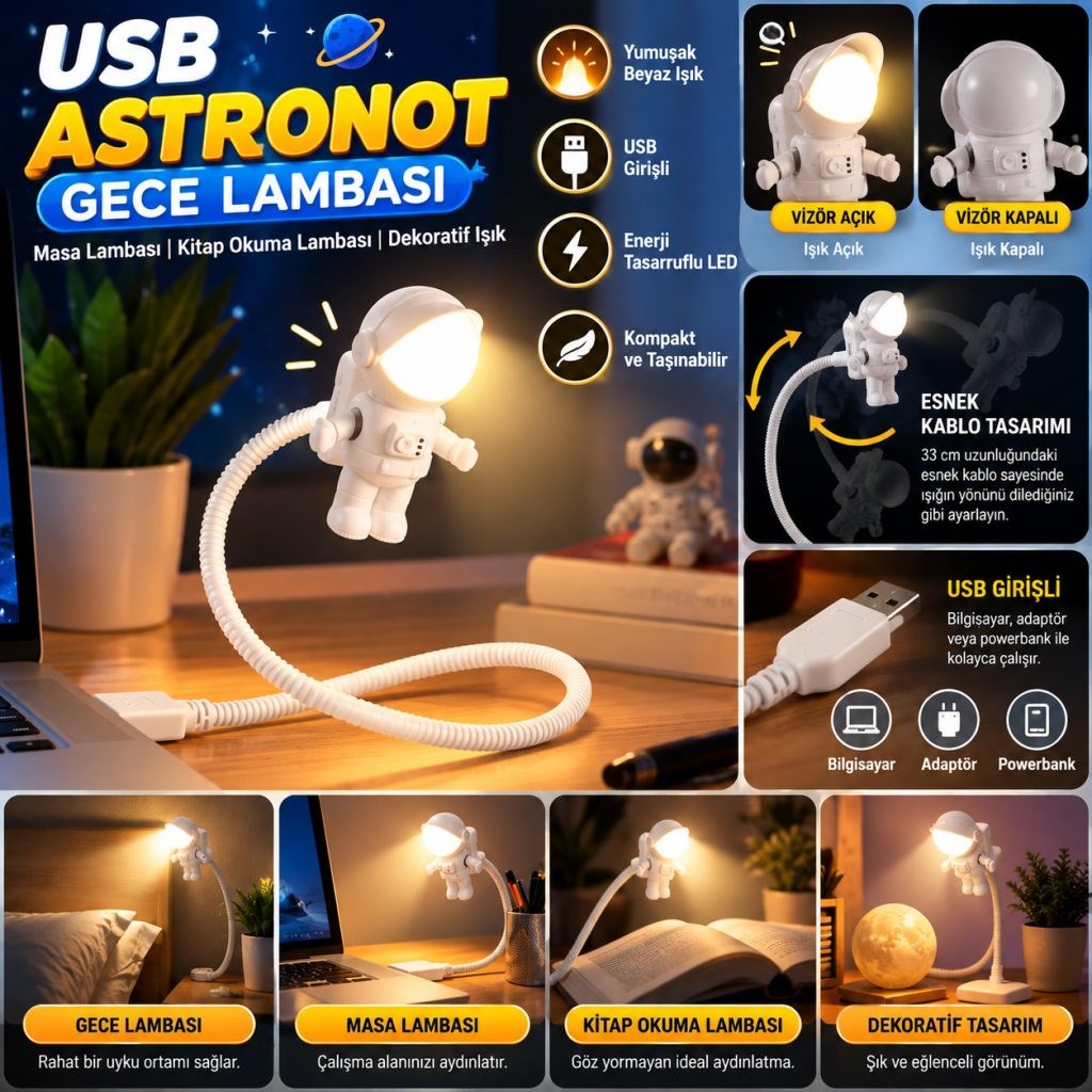 USB Astronot Gece Lambası, Masa Lambası, Kitap Okuma Lambası Işığı