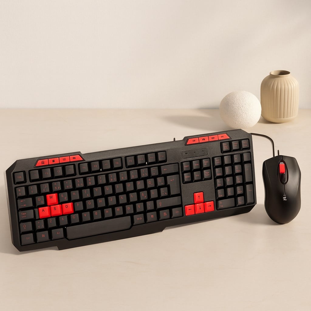 USB Kablolu Klavye Mouse Set - Kırmızı Tuşlu Q Klavye 1600 DPI