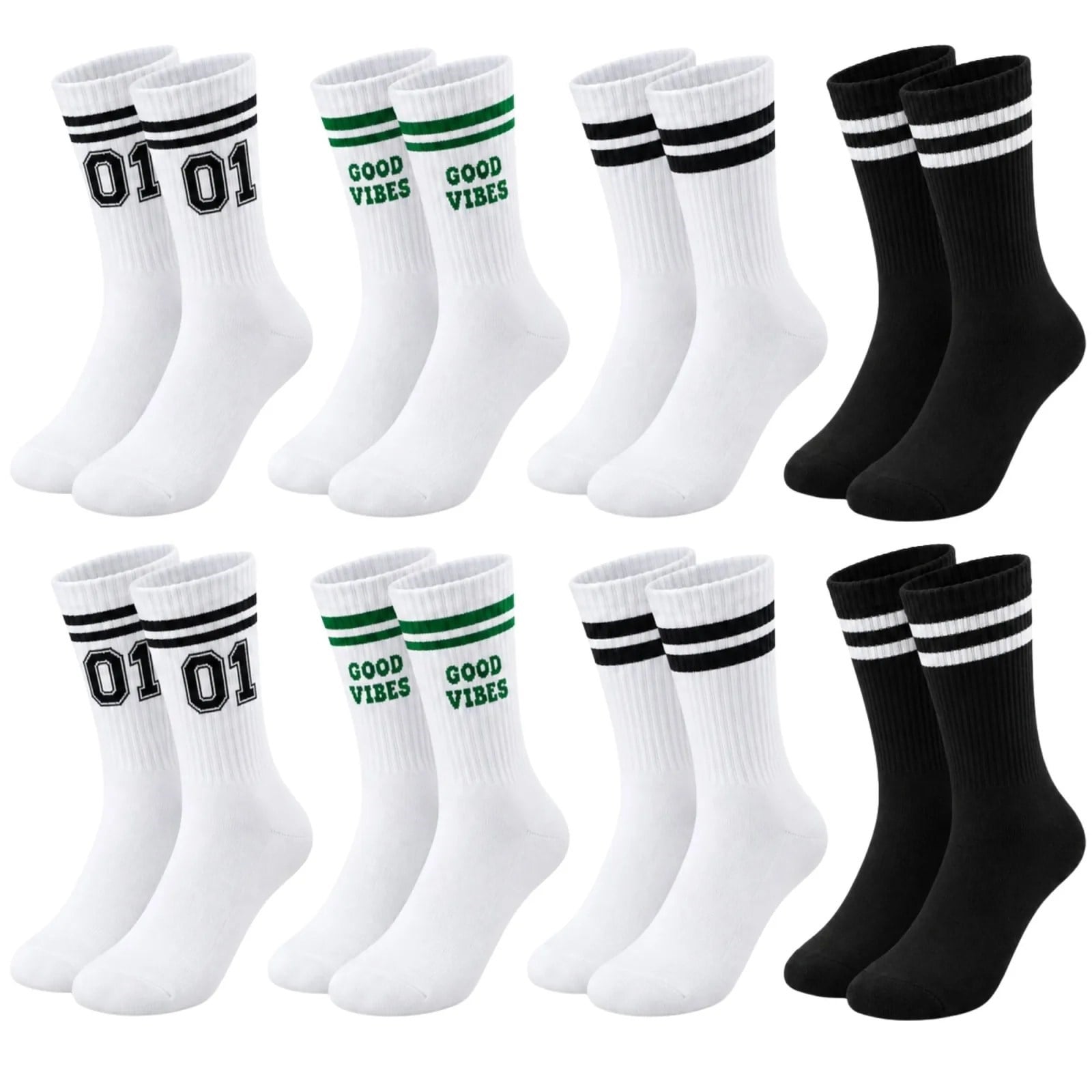 Unisex Çorap Çizgili 8'li Set 07 Good Vibes yazılı Siyah Beyaz Uzun Soket Spor Kolej Stil Çorap