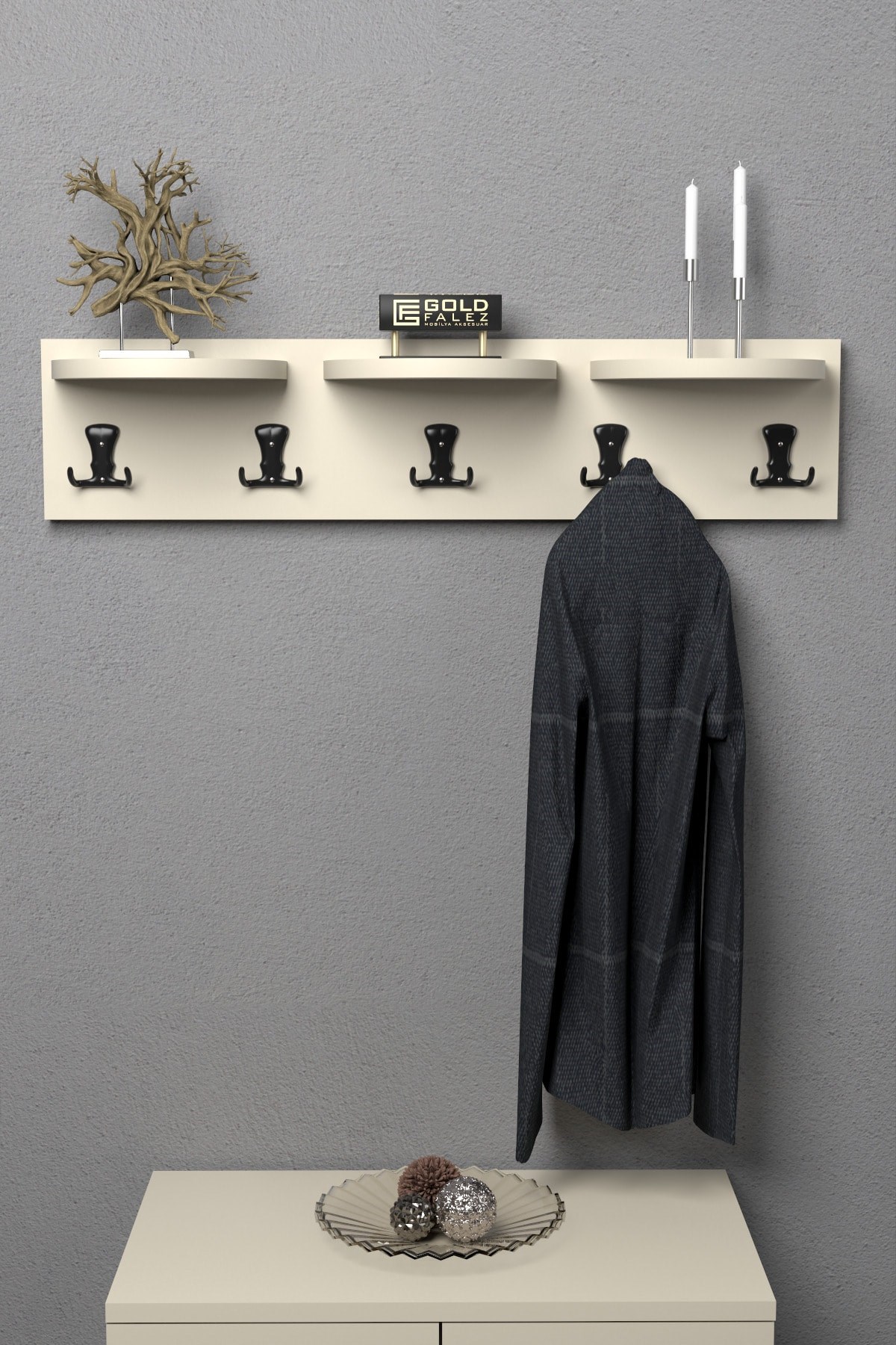 Üst Raflı Duvar Askılığı Bej 80 cm