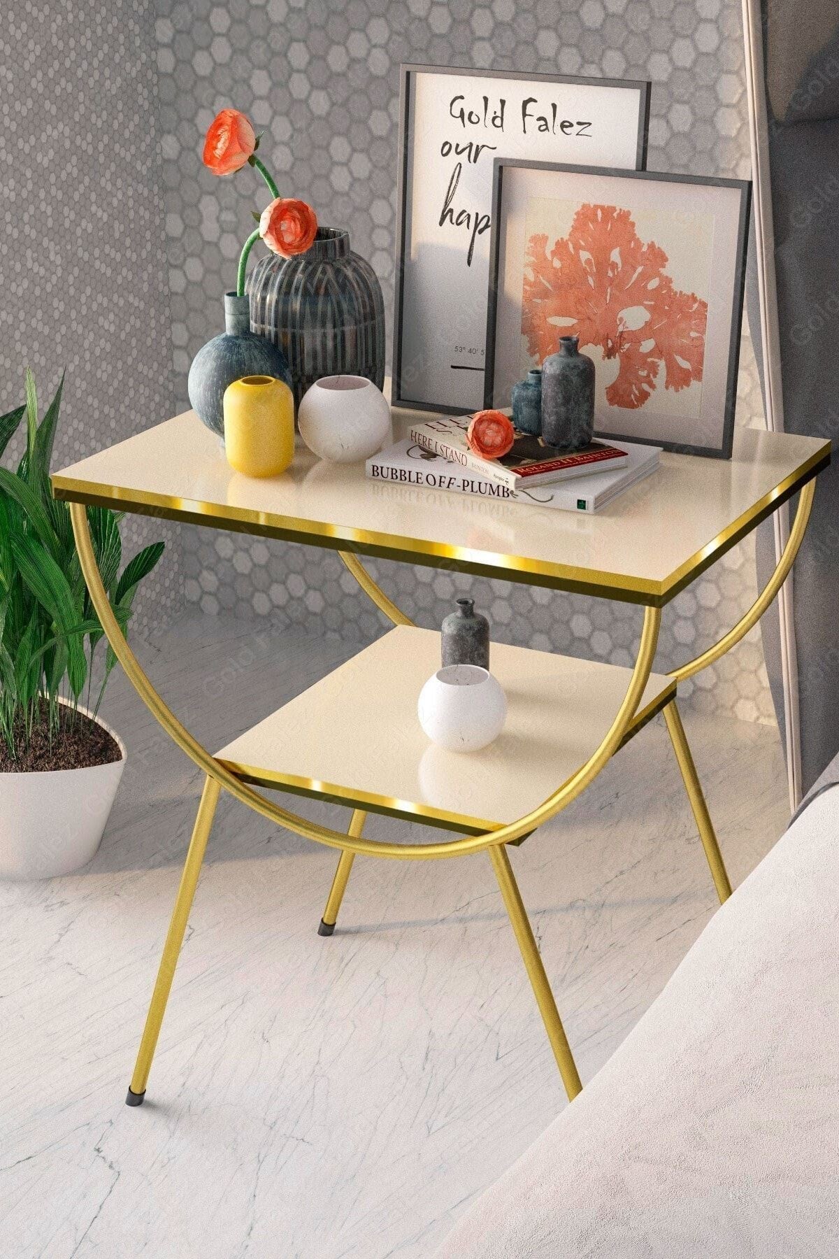 Yan Sehpa Komodin Metal Ayak Çift Gold Krem