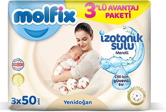 Yenidoğan İzotonik Sulu Doğal Pamuk Islak Havlu Mendil 3'Lü 150 Yaprak