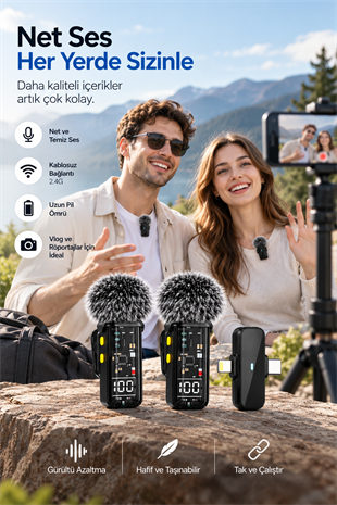 2.4G Kablosuz Çift Mikrofonlu Yaka Mikrofonu İçerik Üretim Seti