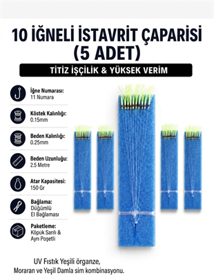 5 Adet - 11 Numara Beyaz İğne Yeşil Sim - 10 İğneli İstavrit Çaparisi 0.25 Beden 0.15 Köstek