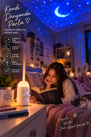 Çocuklar İçin Yumuşak Işıklı Ay Yıldız Projeksiyon Lambası