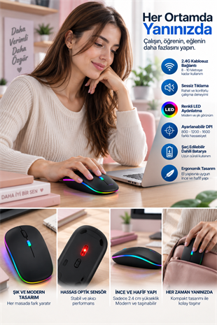 İnce Ergonomik Tasarım 2.4G Kablosuz LED Mouse