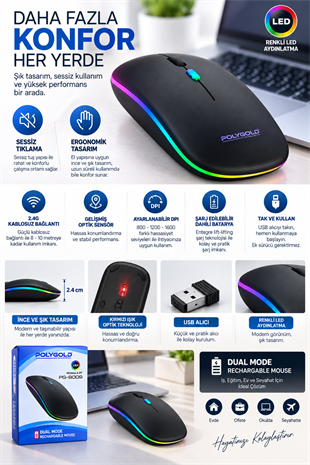 Kablosuz Şarjlı Sessiz Tıklamalı Ergonomik Mouse
