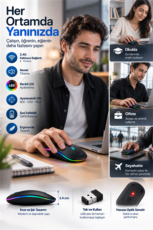 Ofis Ev Okul Kullanımına Uygun Şarjlı Kablosuz Mouse