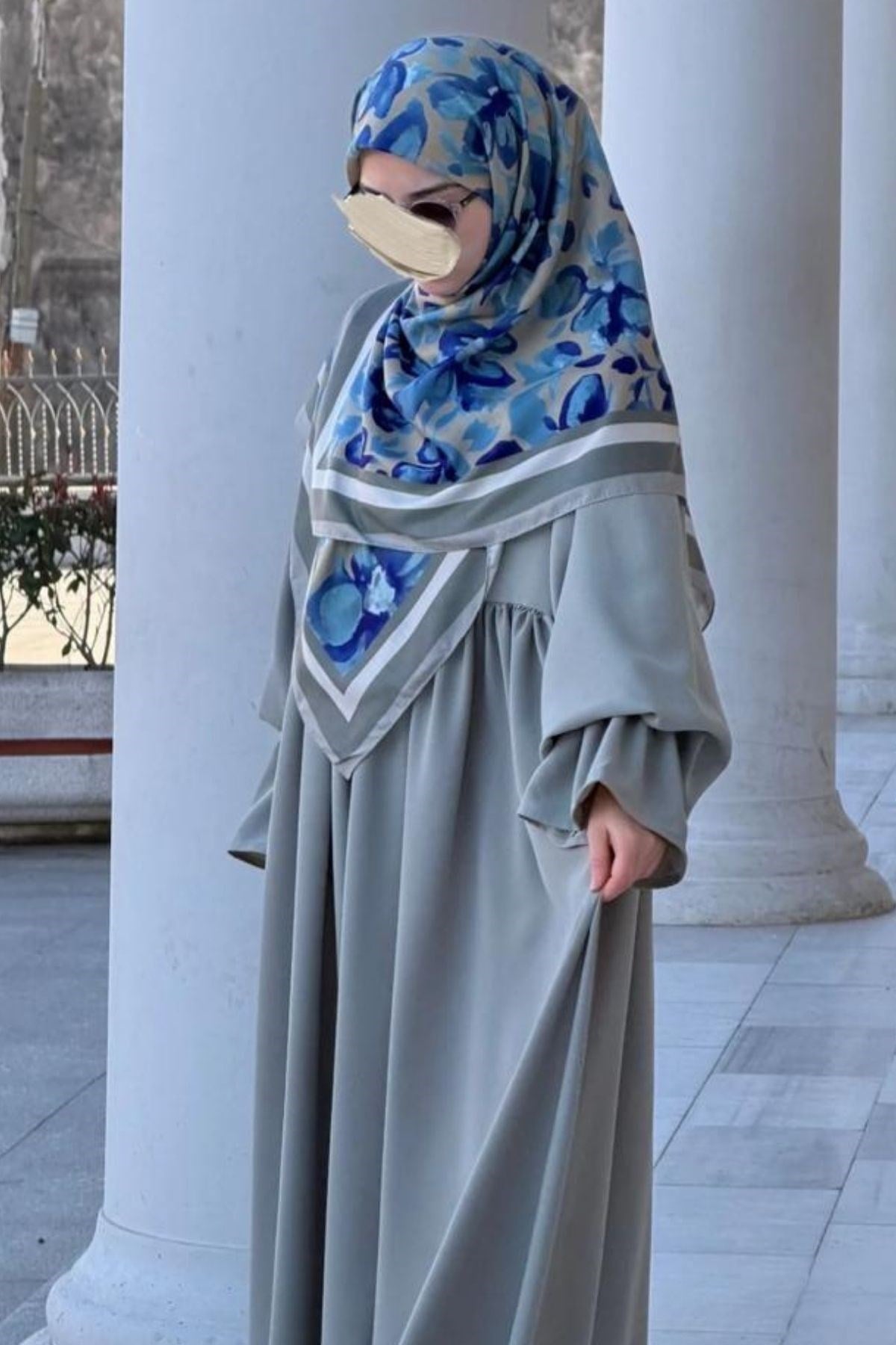 Pamuklu Soft Nazenin Desen Eşarp-Turkuaz