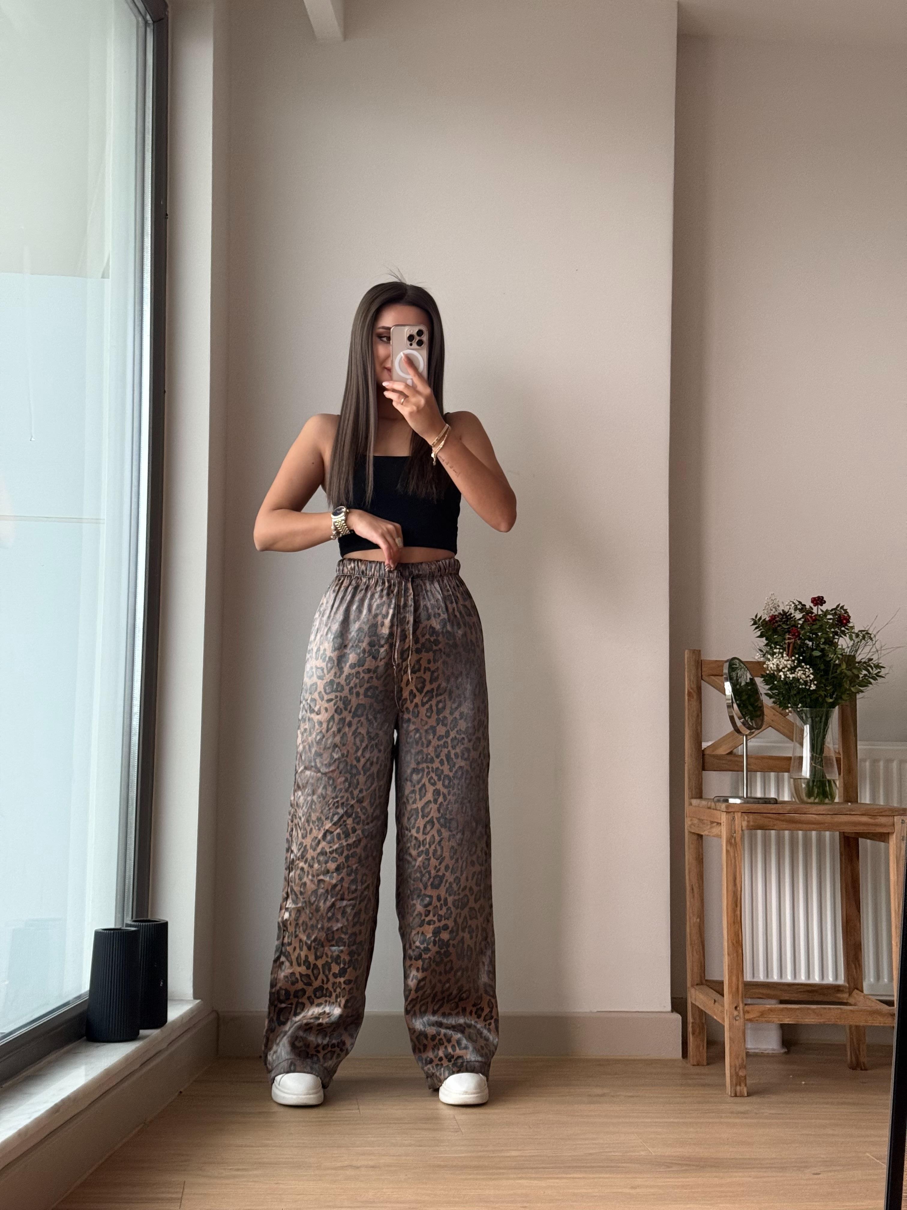 Leopar pantalon kahve