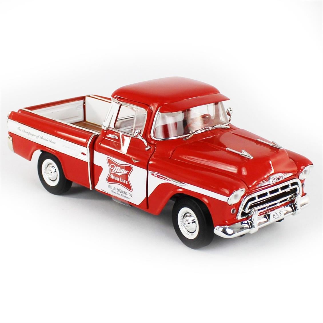 AutoWorld AW287 1/18 1957 Chevy Cameo Pickup / Miller High Life, Red & White, Sergilemeye Hazır Metal Araba Modeli