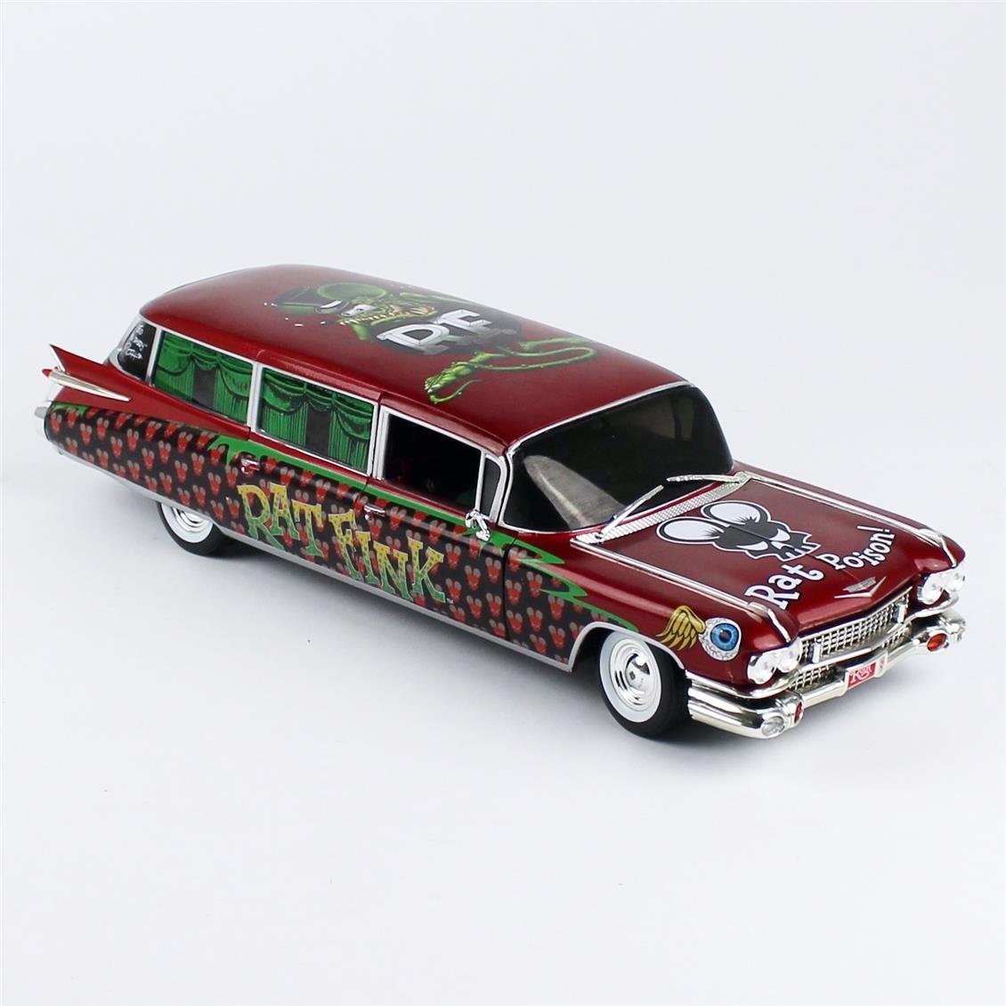 AutoWorld AW303 1/18 Ölçek, 1958 Cadillac Cenaze Arabası (Rat Fink), Sergilemeye Hazır Metal Araba Modeli