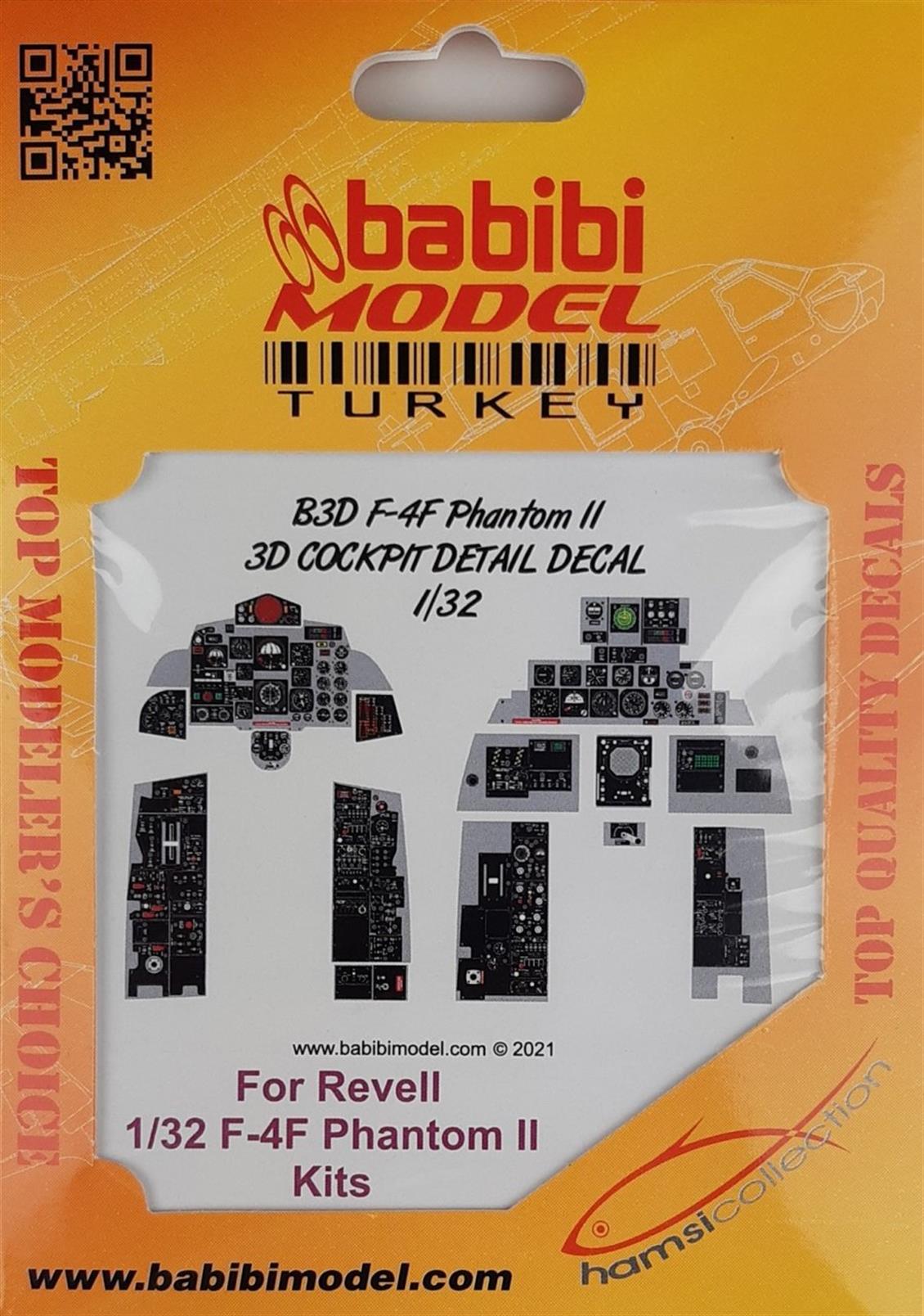 Babibi B3D-0004 1/32 F-4F Phantom II Kokpit Detayları -3 Boyutlu Decal Çıkartma