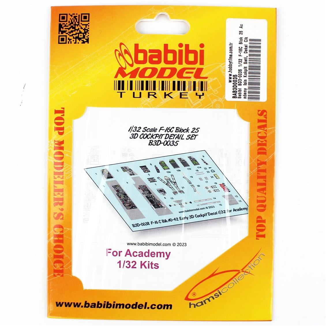 Babibi BD3-0035 1/32 F-16C Blok 25 Academy İçin Kokpit Seti, Dekal Çıkartma