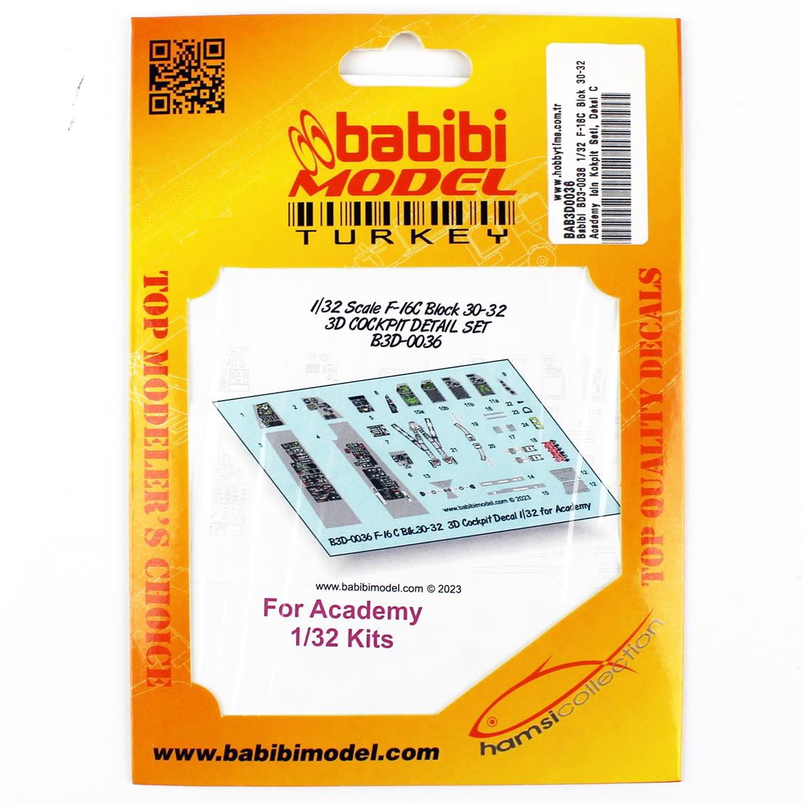 Babibi BD3-0036 1/32 F-16C Blok 30-32 Academy İçin Kokpit Seti, Dekal Çıkartma