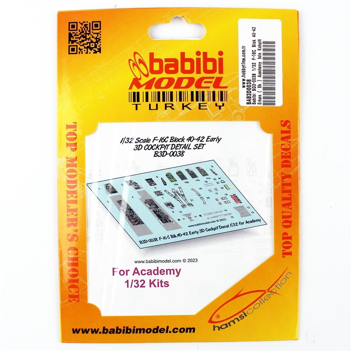 Babibi BD3-0038 1/32 F-16C Blok 40-42 Erken ( İlk ) Academy İçin Kokpit Seti, Dekal Çıkartma