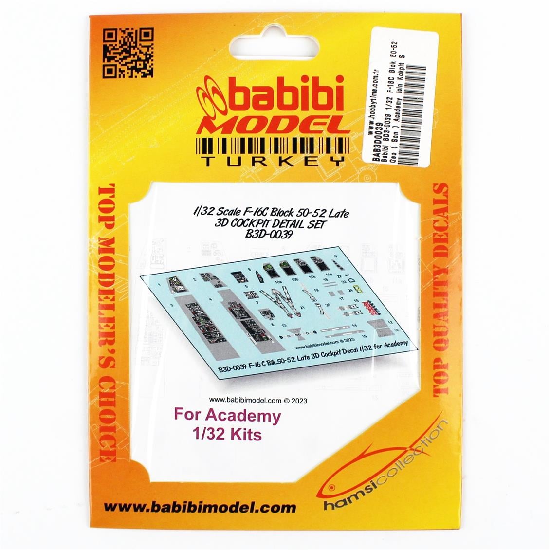 Babibi BD3-0039 1/32 F-16C Blok 50-52 Geç ( Son ) Academy İçin Kokpit Seti, Dekal Çıkartma