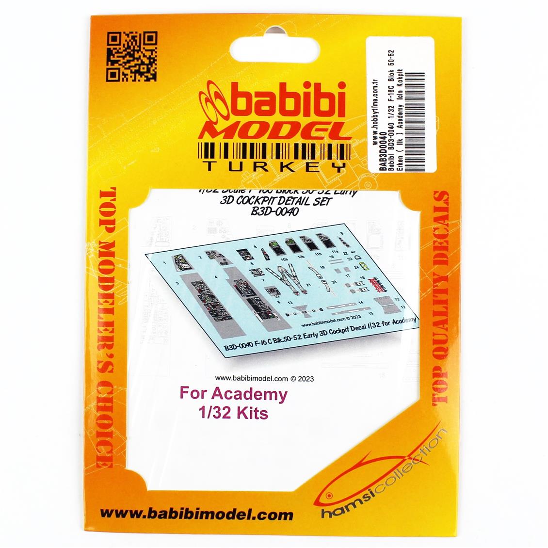 Babibi BD3-0040 1/32 F-16C Blok 50-52 Erken ( İlk ) Academy İçin Kokpit Seti, Dekal Çıkartma