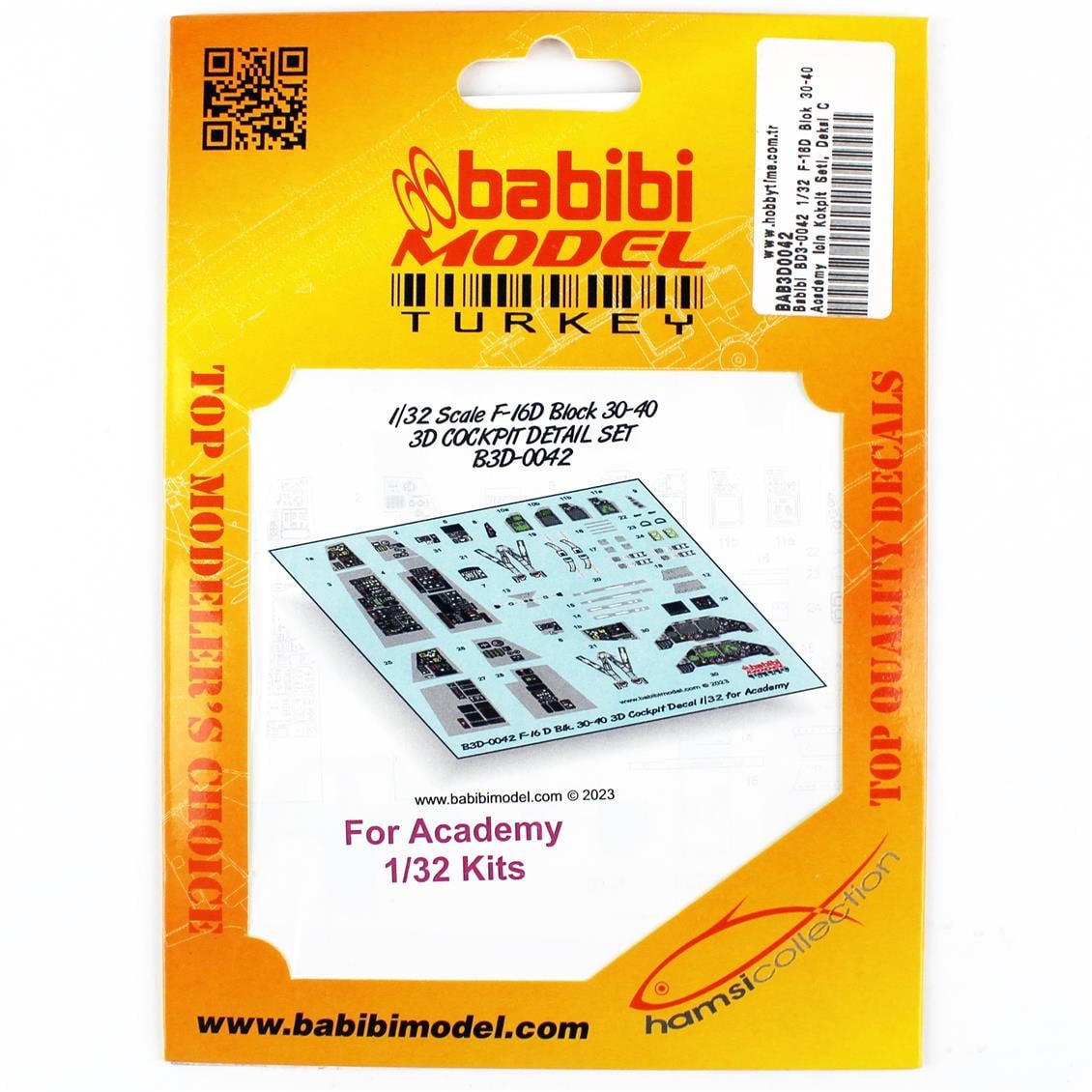 Babibi BD3-0042 1/32 F-16D Blok 30-40 Academy İçin Kokpit Seti, Dekal Çıkartma