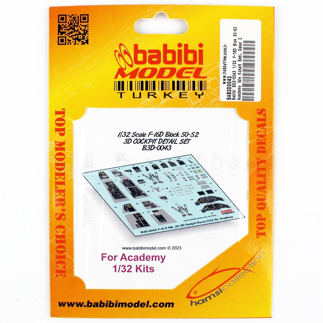 Babibi BD3-0043 1/32 F-16D Blok 50-52 Academy İçin Kokpit Seti, Dekal Çıkartma