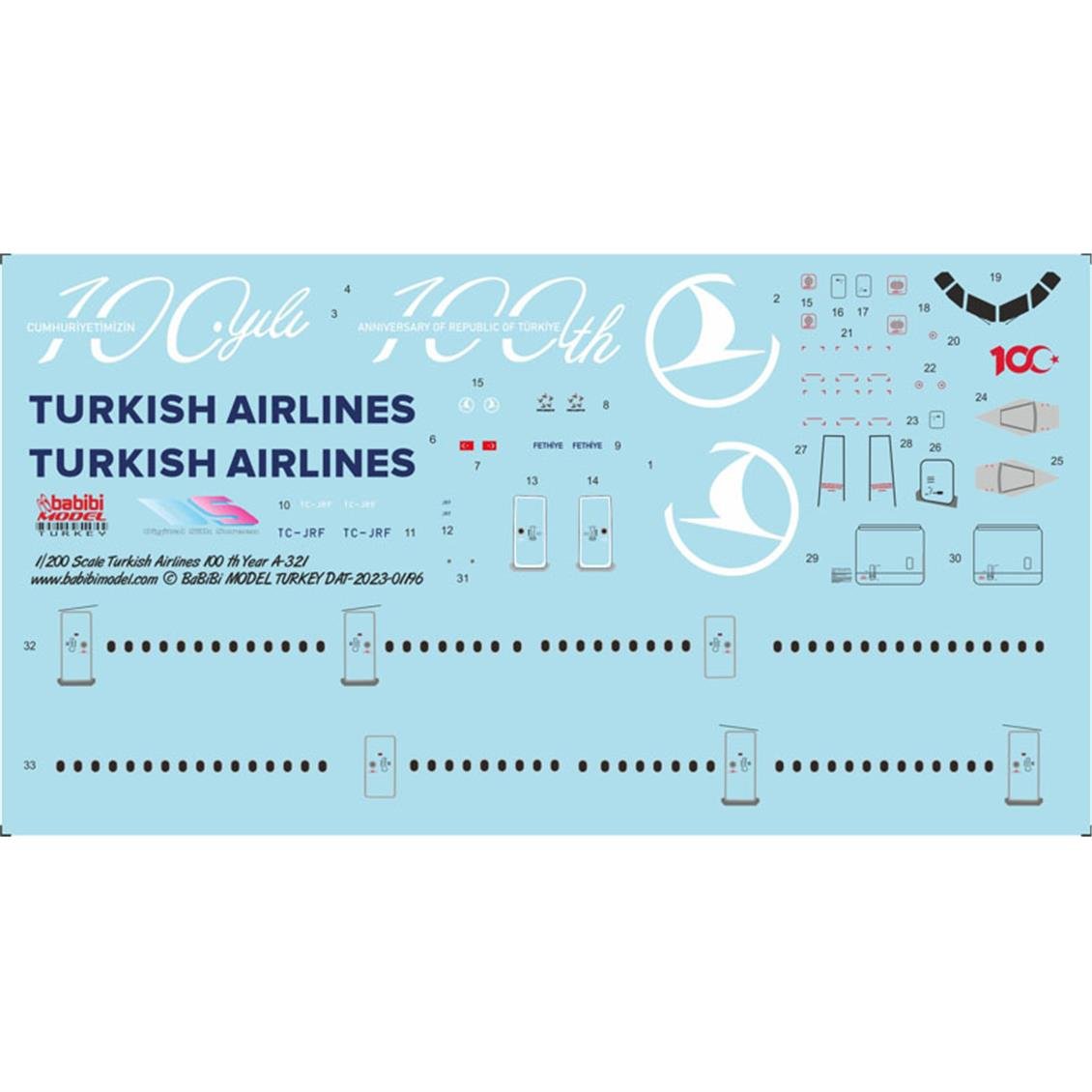 Babibi DAT01196 1/200 Türk Hava Yolları Airbus A-321-231 100.yıl özel boyama Decal Çıkartma