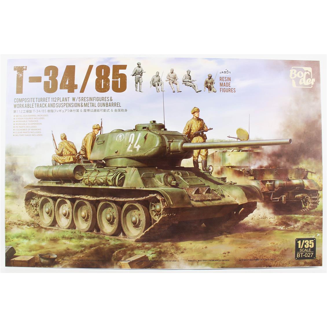 Border BT-027 1/35 Ölçek, T-34/85 Tankı, 112 Plant, Metal Namlu ve 5 Resin Figürlü, Plastik Model Kiti