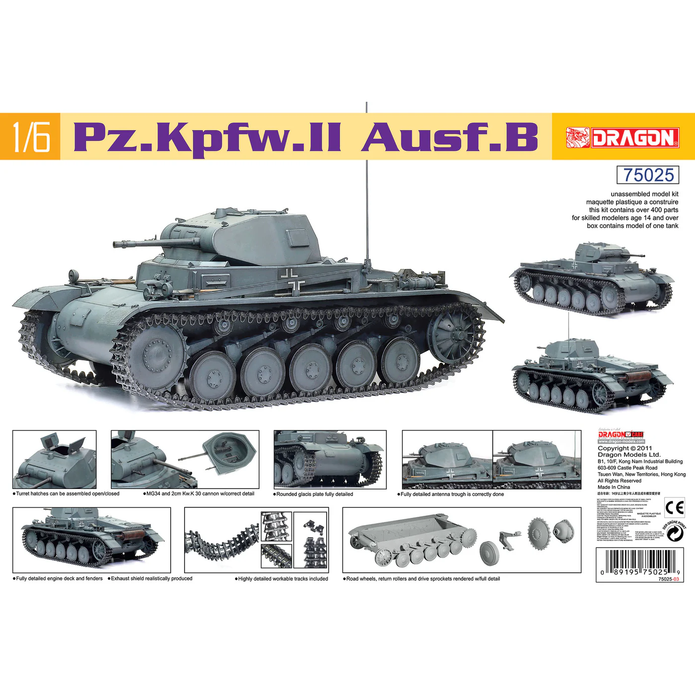 Dragon 75018 1/6 Ölçek, Pz.Kpfw.II Ausf.B Hafif Tankı Plastik Model Kiti