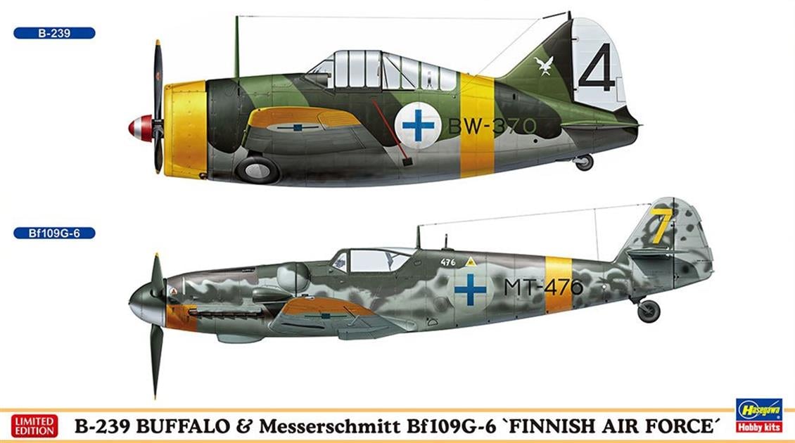 Hasegawa 02279 1/72 B-239 Buffalo ve Messerschmitt Bf109G-6 Finnish Air Force (Two kits in the box) Savaş Uçağı Demonte Plastik
