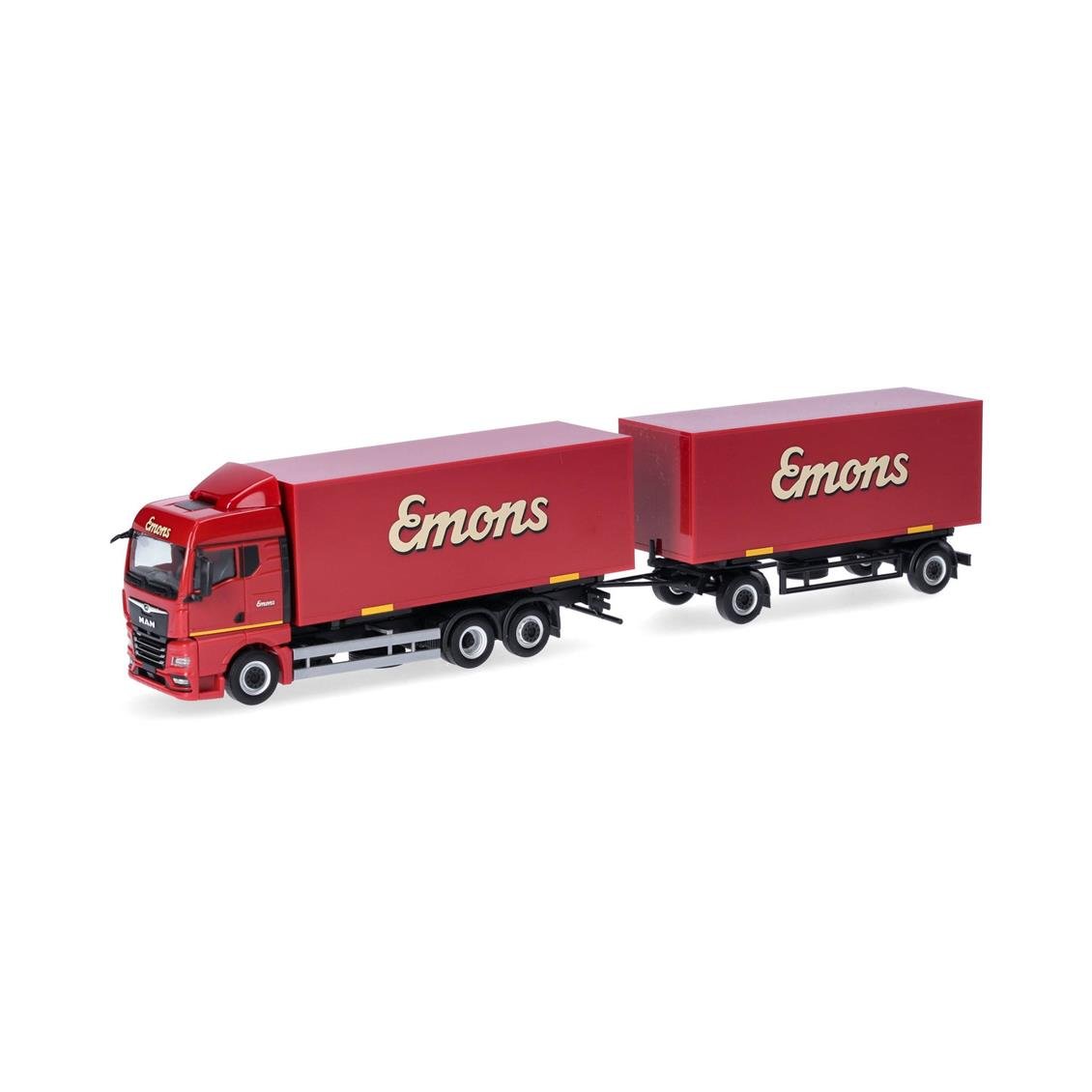 Herpa 319294 1/87 Ölçek, MAN TGX GM 3 Akslı Kapalı Kasa Kamyon ve 2 Akslı Kapalı Kasa Römork, Emons, Sergilemeye Hazır Model Ar